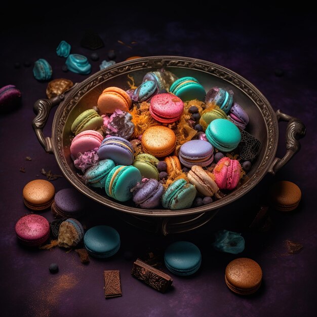 Photo un bol de macarons avec différentes couleurs dessus