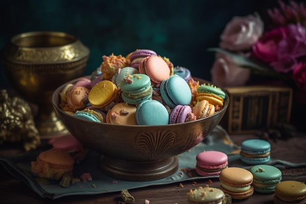 Un bol de macarons est posé sur une table avec d'autres macarons et d'autres produits alimentaires.
