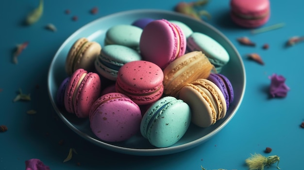 Photo un bol de macarons est posé sur une table bleue.