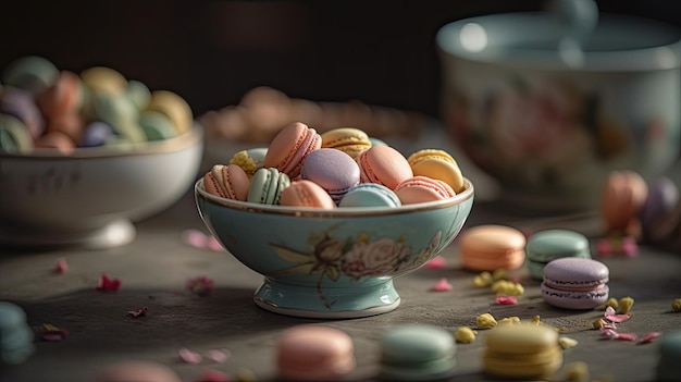 Un bol de macarons est posé sur une table avec des fleurs sur la table.