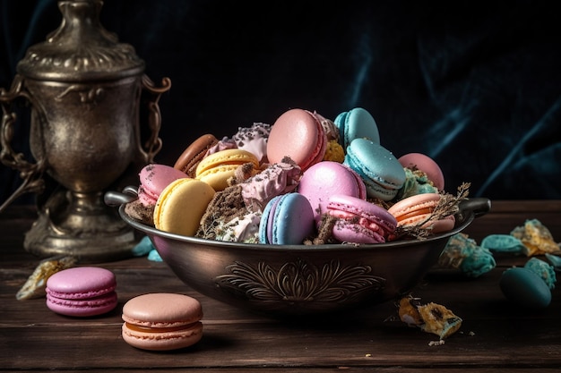 Un bol de macarons est posé sur une table.