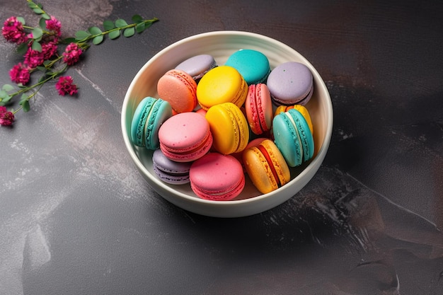 Un bol de macarons avec une fleur rouge sur le côté