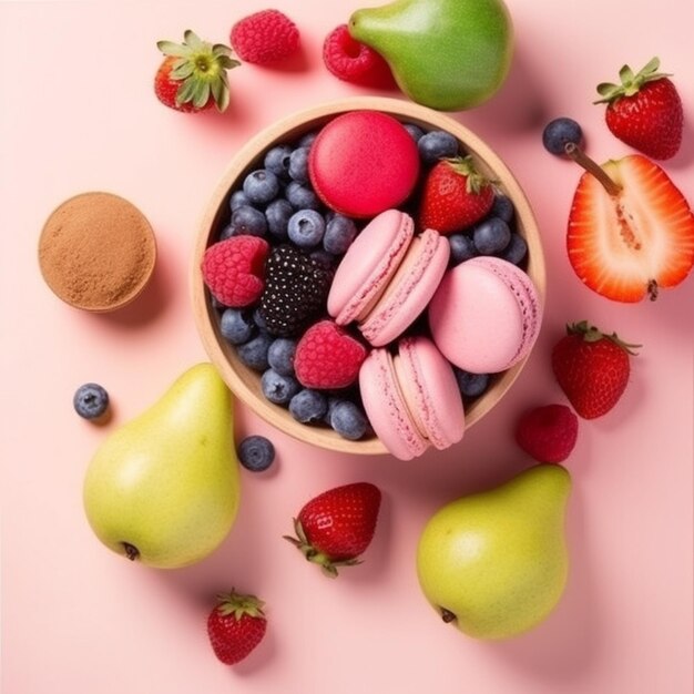 Un bol de macarons roses et de bleuets est posé sur un fond rose.