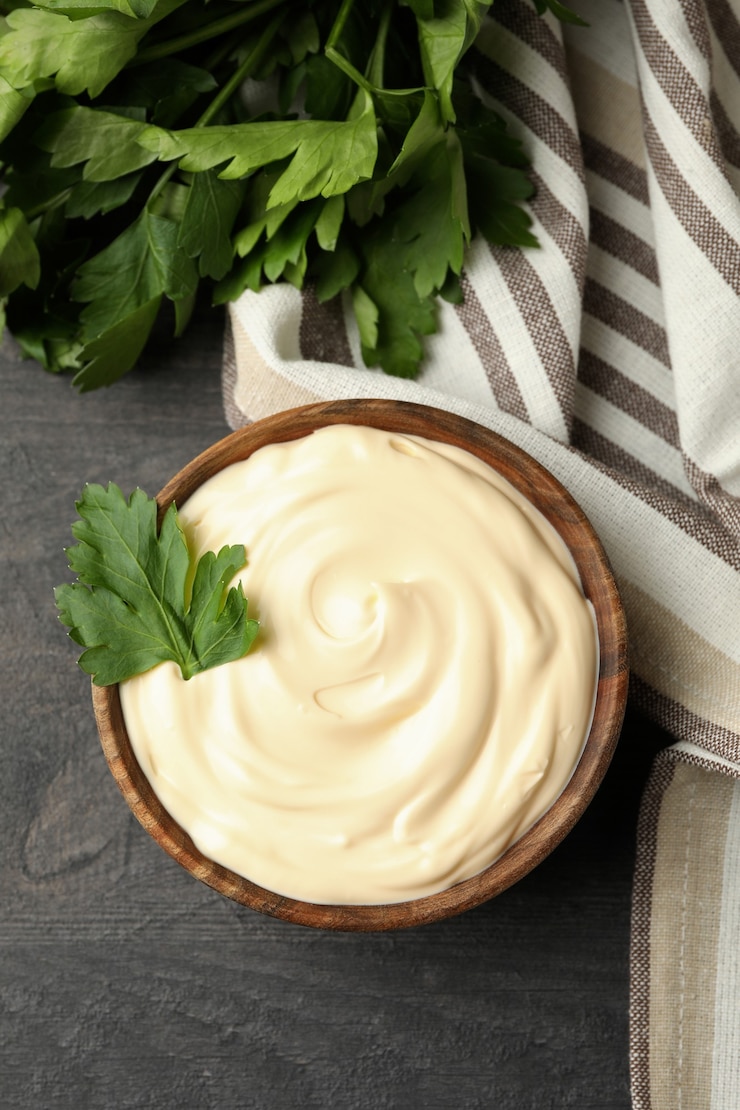 Photo bol avec mayonnaise, persil et serviette sur fond sombre
