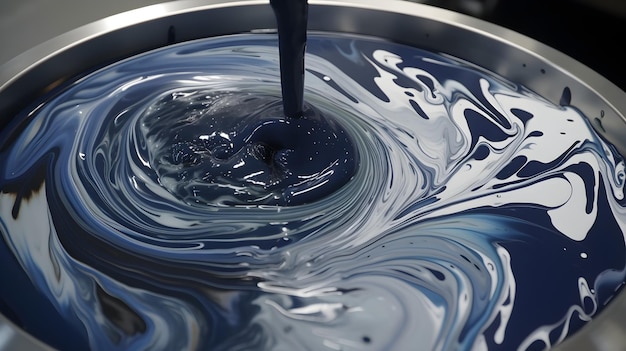 Photo un bol de mélange de peinture bleue dans lequel on verse un liquide noir.