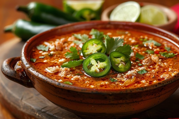 Un bol de menudo garni avec des tranches de radis