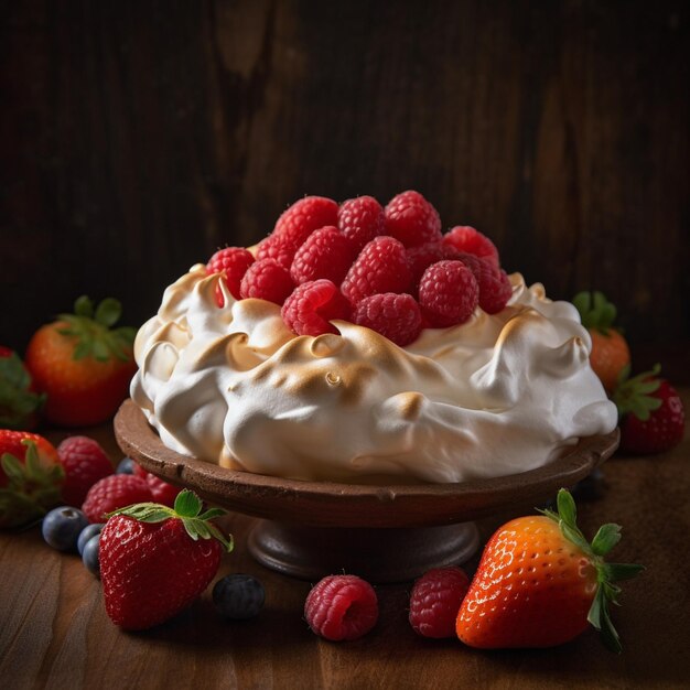 Un bol de meringue avec des framboises sur le dessus