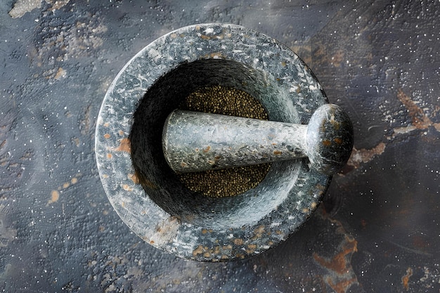 Un bol en métal avec une poignée en métal sur une surface en béton avec de la rouille et de la saleté sur celui-ci avec un rouillé