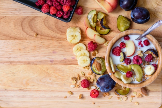 Bol de muesli aux fruits rouges, fruits et lait