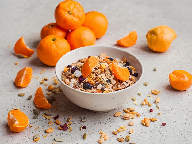 un bol de muesli avec des mandarines fraîches