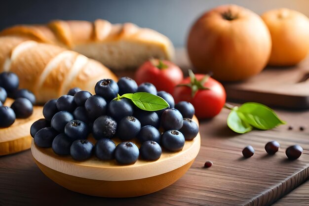 Un bol de myrtilles avec un pain et des tomates sur la table.