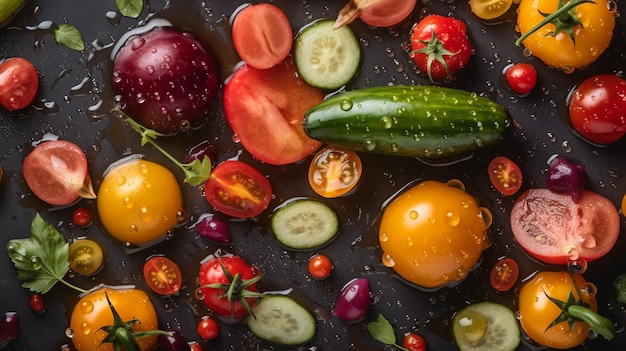 Un bol noir de légumes avec des gouttelettes d'eau sur le dessus.