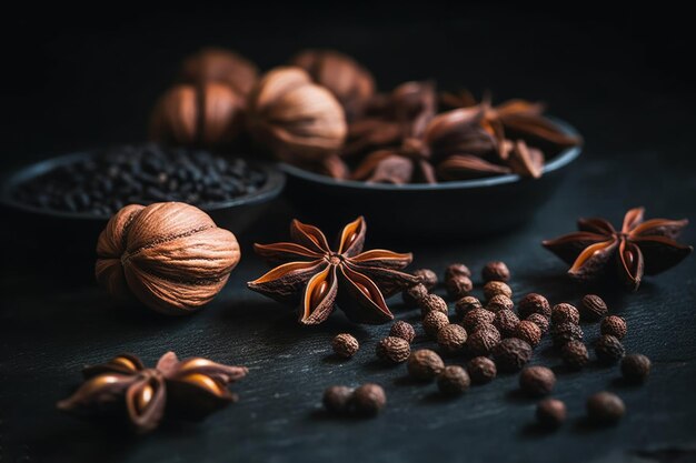 Un bol noir avec des noix et un bol de noix dessus