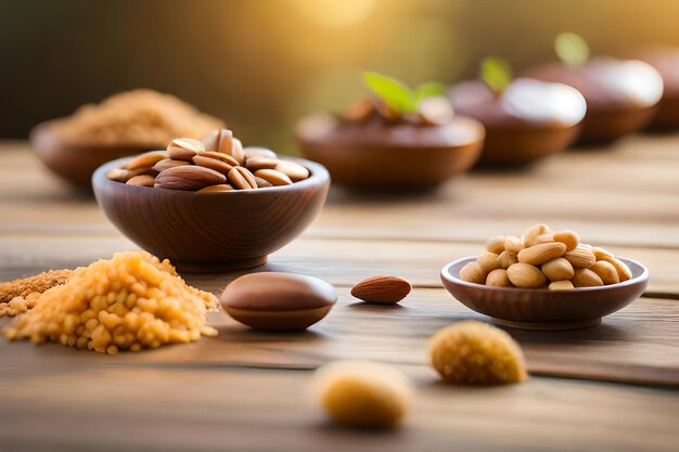 Un bol de noix et d'amandes sur une table en bois.