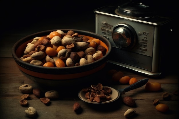 Un bol de noix et un bol de noix à côté d'un mixeur.