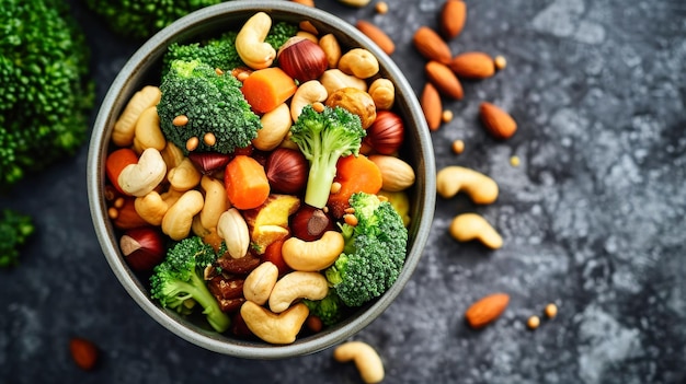 Un bol de noix et de brocoli sur la table