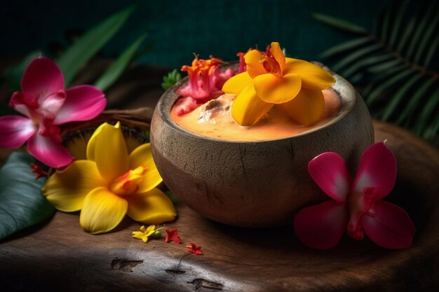 Un bol de noix de coco avec une fleur jaune dessus