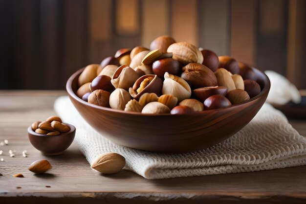 Un bol de noix, y compris les amandes et les amandes.