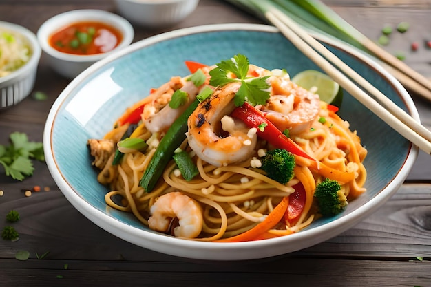 Un bol de nouilles aux crevettes et légumes