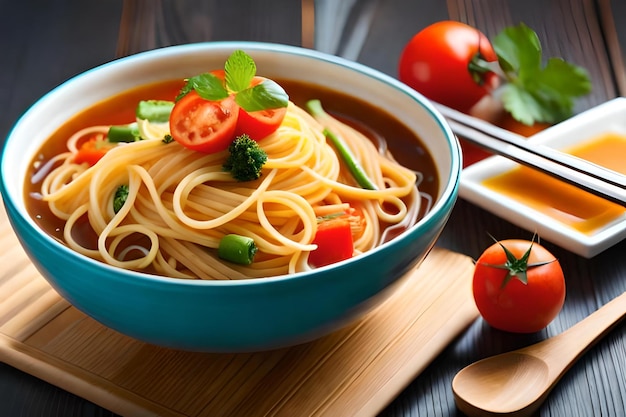 Un bol de nouilles aux légumes et un bol de soupe avec une cuillère.