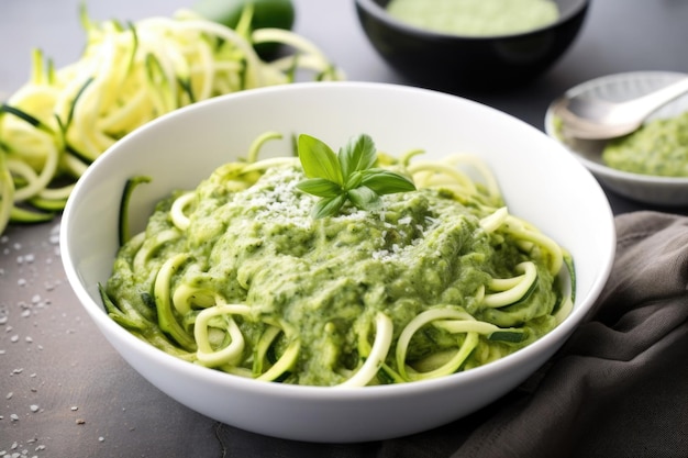 Bol de nouilles de courgettes garni d'une sauce crémeuse au pesto créée avec générative ai