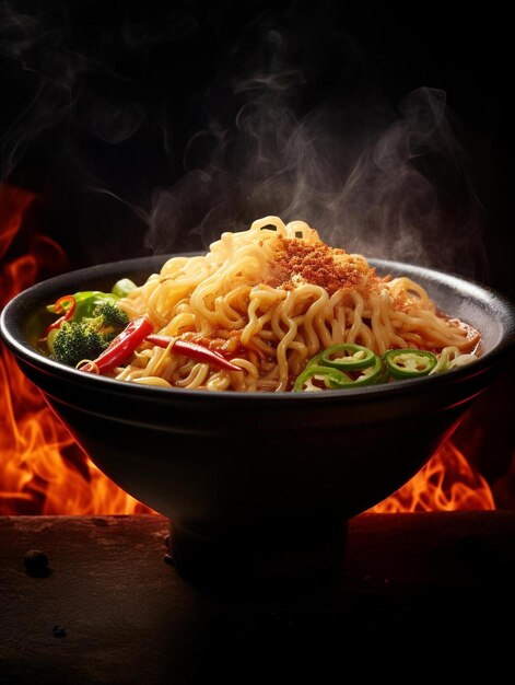 un bol de nouilles avec du brocoli et des poivrons devant un feu