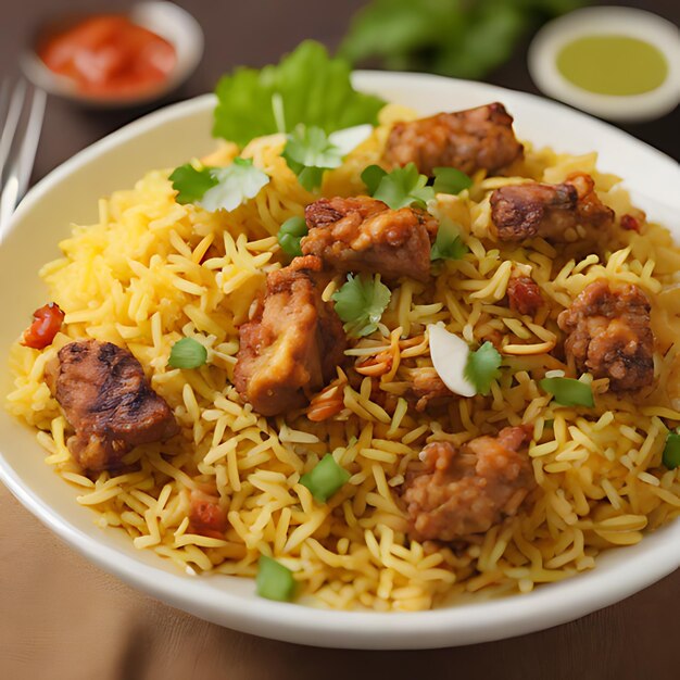 Photo un bol de nouilles avec du poulet, du riz et de la sauce