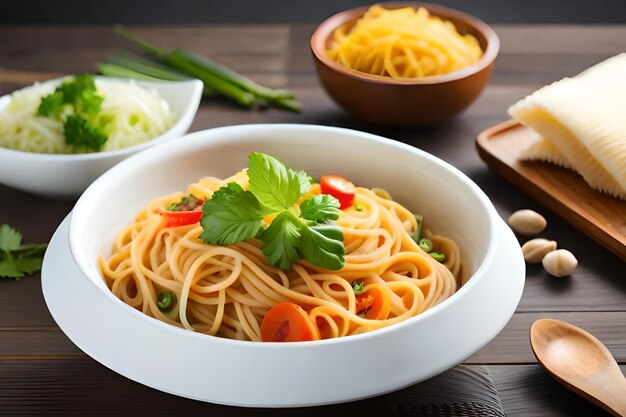 Un bol de nouilles avec des légumes et de la viande avec un bol de légumes.