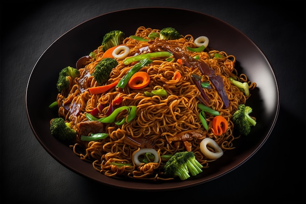 Un bol de nouilles avec des légumes et de la viande sur fond noir.