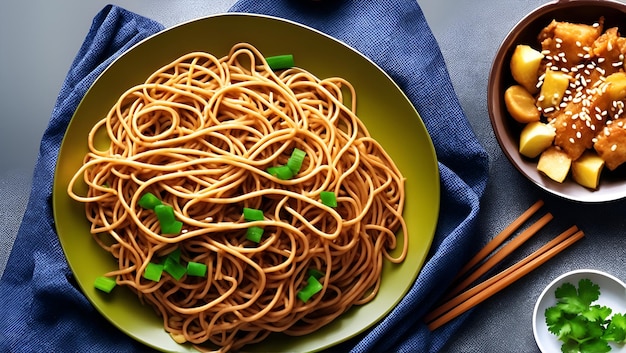 Un bol de nouilles avec des oignons verts sur le dessus