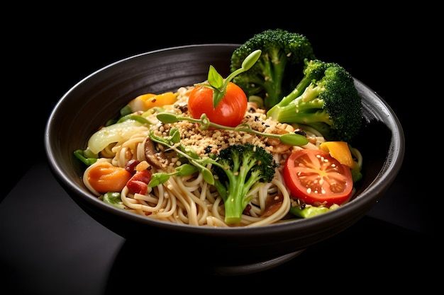 Un bol de nouilles servi avec des légumes et des herbes