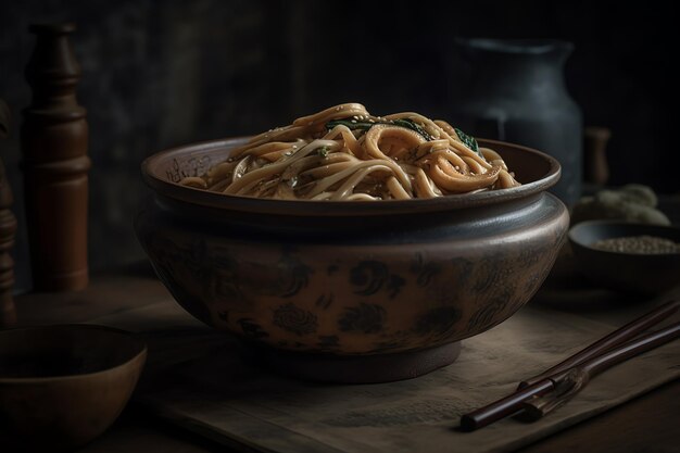 Photo un bol de nouilles udon avec des baguettes sur le côté