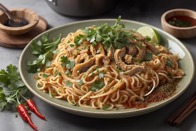 Un bol de nouilles avec de la viande et des légumes avec de la fumée fumante