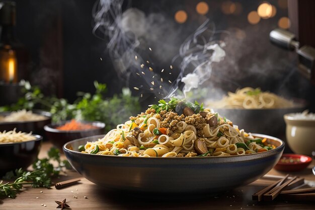 Un bol de nouilles avec de la viande et des légumes avec de la fumée fumante