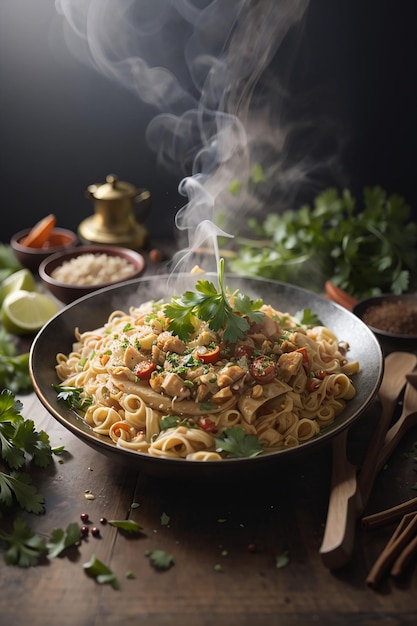 Un bol de nouilles avec de la viande et des légumes avec de la fumée fumante