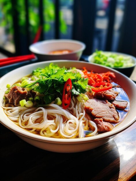 un bol de nouilles avec de la viande et des légumes