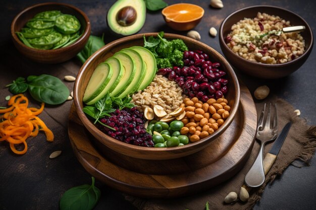 Un bol de nourriture avec de l'avocat, des noix et d'autres aliments sur une table.