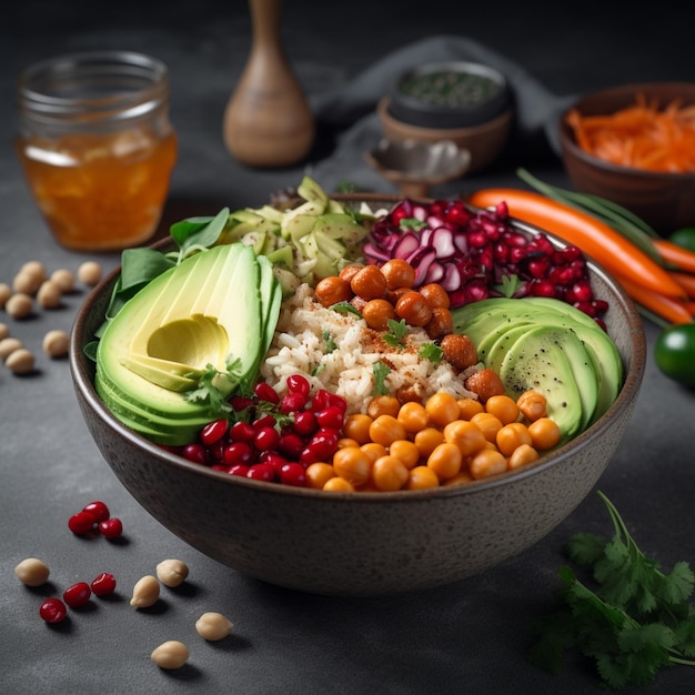 Un bol de nourriture avec de l'avocat, des pois chiches et des pois chiches dessus.