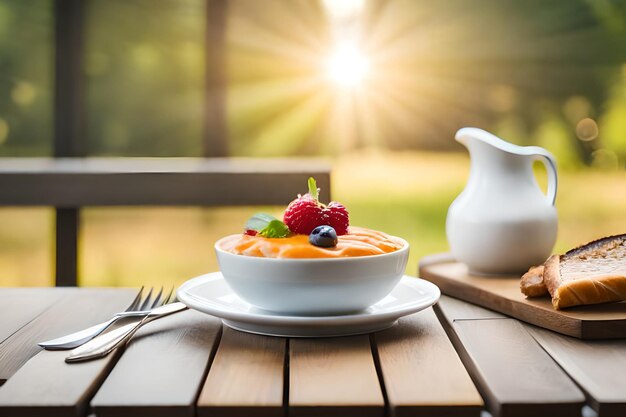 Un bol de nourriture avec des baies sur une table devant un fond éclairé par le soleil.