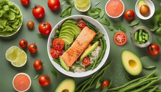 un bol de nourriture avec un bol de aliments avec un poisson dessus