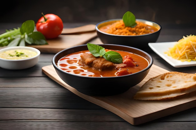 Un bol de nourriture avec un bol de poulet au curry sur une table en bois.