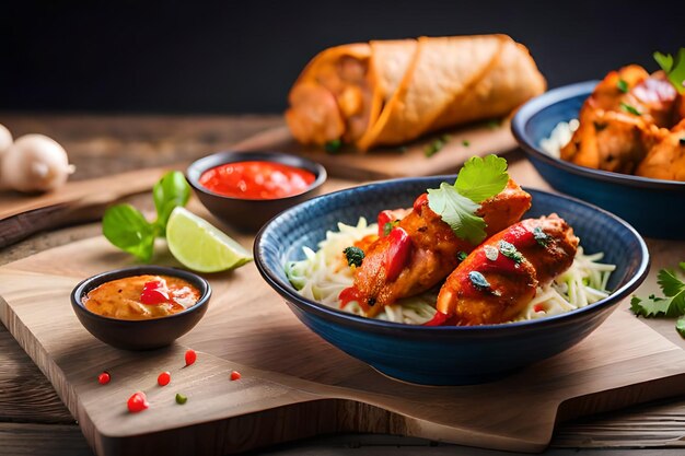 Un bol de nourriture avec un bol de poulet et de riz sur une planche de bois.