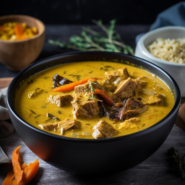 Un bol de nourriture avec un bol de riz et un bol de viande et de carottes.