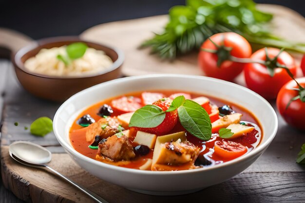 un bol de nourriture avec un bol de soupe avec des légumes et du riz sur la table.