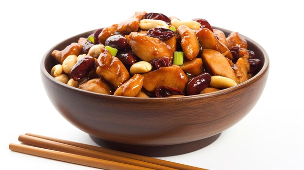 Un bol de nourriture chinoise avec des baguettes sur un fond blanc.