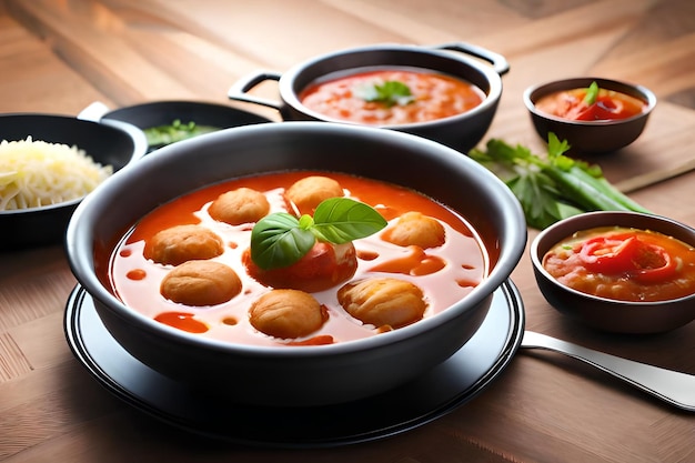 Un bol de nourriture avec une cuillerée de soupe aux tomates et un bol de soupe aux tomates.