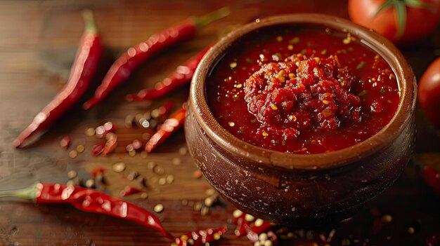 un bol de nourriture avec du poivre rouge et des épices sur une table