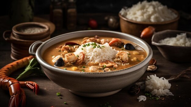 Un bol de nourriture avec du riz et des crevettes dedans