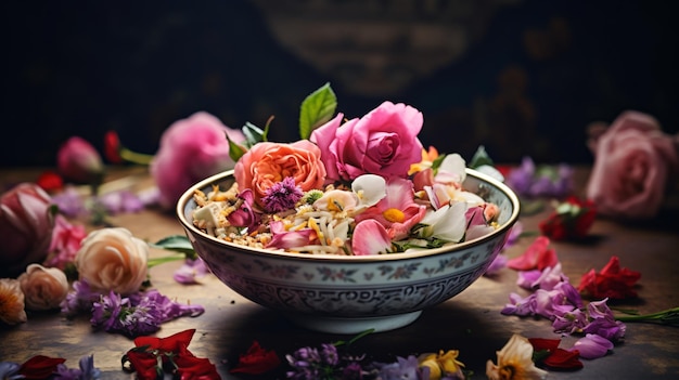 Un bol de nourriture avec des fleurs dans une assiette