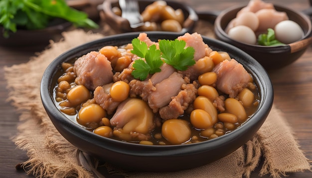 un bol de nourriture avec des haricots et du riz